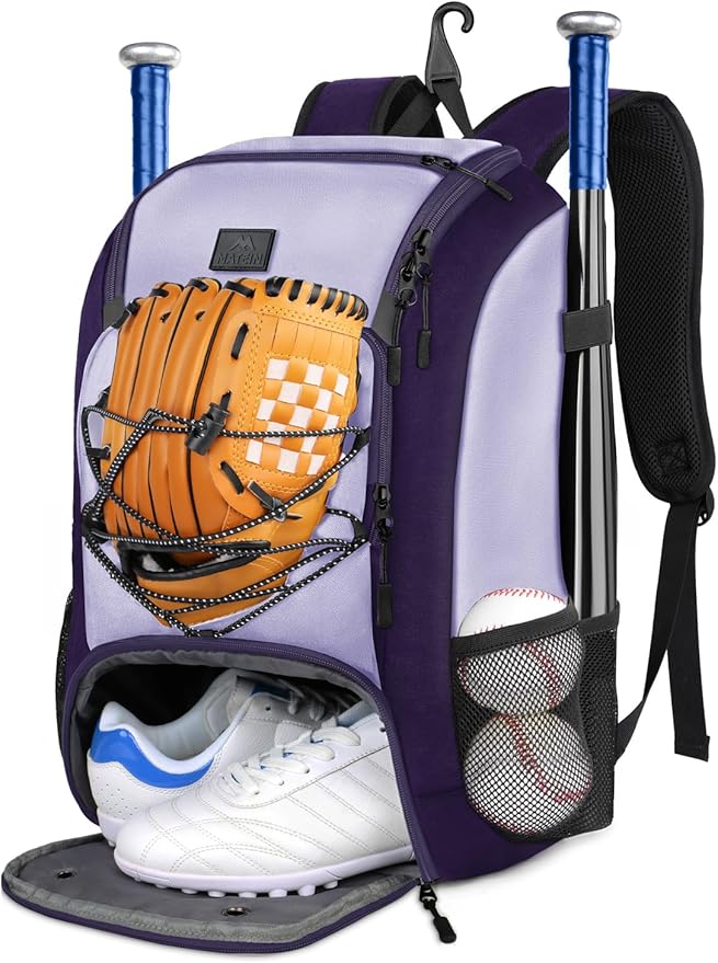 MATEIN Baseball Backpack, Softball Bat Bag with Shoes Compartment for Youth, Boys and Adult, Lightweight Baseball Bag with Fence Hook Hold TBall Bat, Batting Mitten, Helmet, Caps, Teeball Gear