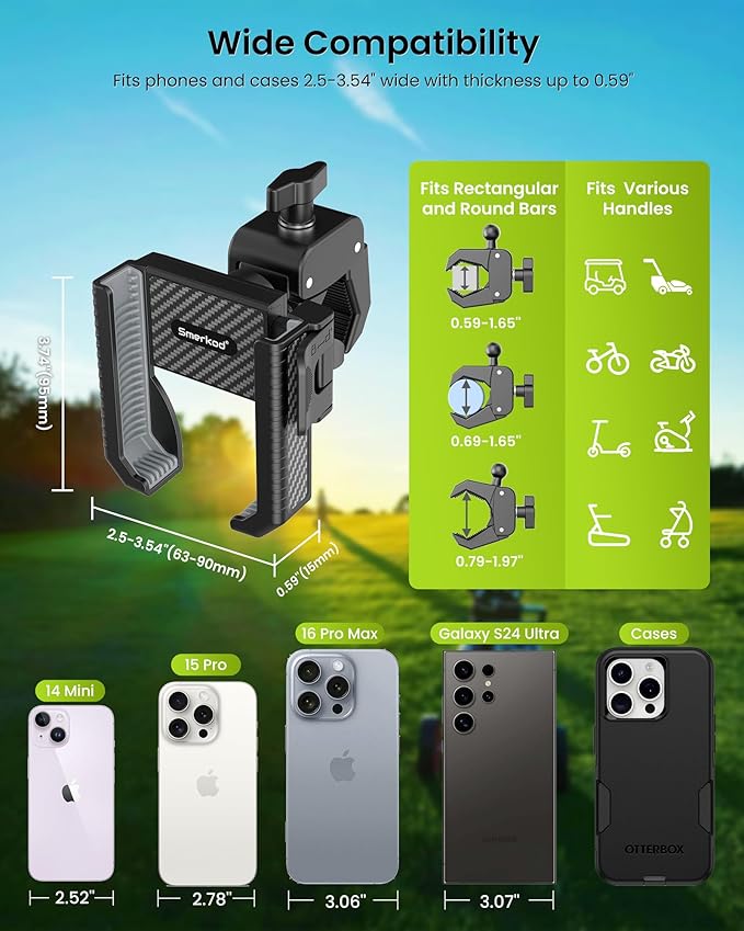 Golf Cart Phone Holder Mount - 3s Phone Clip Install, 1s Lock & Release，Phone Caddy for iPhone Galaxy & More Fits Yamaha Club Car EZGO Icon, Golf Cart Accessories Essentials Gift for Men Women