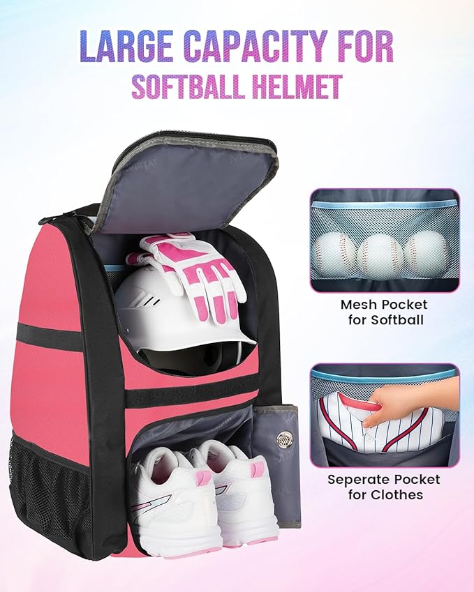 MATEIN Softball Bag, Lightweight Baseball Backpack with Shoe Compartment, Baseball Bag with Fence Hook for TBall Bat & Equipment, Softball Gifts Catchers Backpack for Women Fit Catcher’s Mitt, Helmet