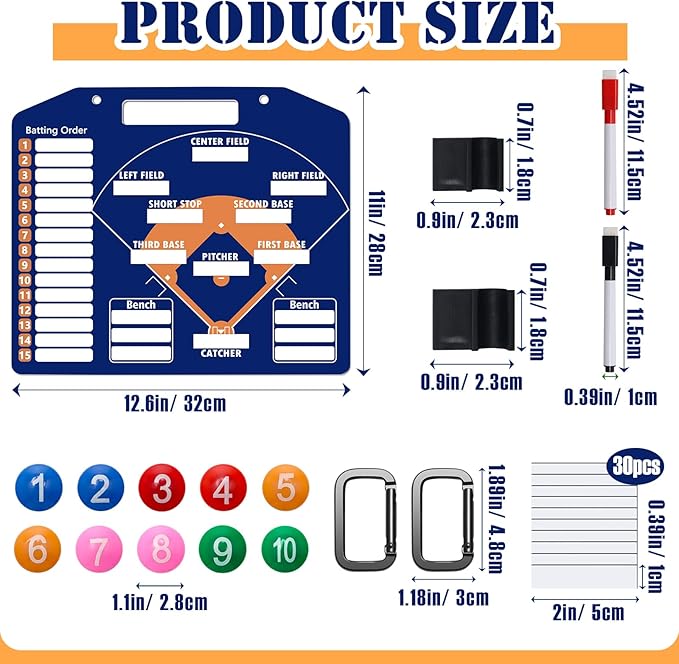 1+44PCS Baseball Coaching Board for Dugout, Dry Erase Lineup Board Softball Clipboard for Coach/ 30 Name Strip/ 10 Number Blocks/ 2 Marker/ 2 Buckle