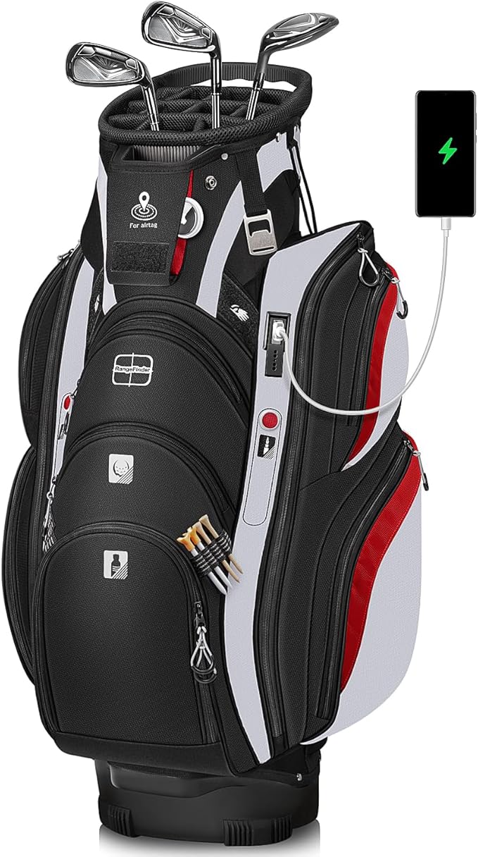 Vancropak Golf Cart Bag, Golf Gifts for Men with 15 Way Divider Top, USB Charging Port, Waterproof Protective Rain Cover, Shoe Compartment, Cooler Pocket, Tracker Slot, Umbrella Holder, Golfer Gifts
