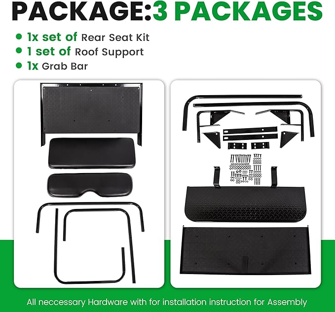ECOTRIC Golf Cart Folding Rear Seat Kit W/Grab Bar Compatible with 1994.5-Up EZGO TXT Models Back Flip Seat Black