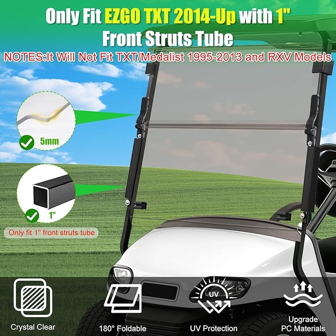 5MM Thick Upgrade PC Foldable EZGO TXT Windshield with Heavy Duty Hinges Only Fit for 2014-Up EZGO TXT Golf Cart with 1" Struts Rail, Anti-UV Impact Resistant Golf Cart Windshield Tinted