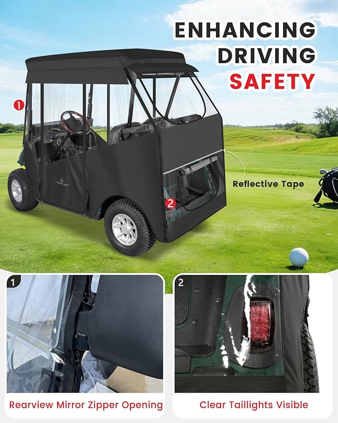2 Passenger Golf Cart Enclosures for EZGO RXV 2 Seater, Waterproof 600D Oxford Driving Rain Cover with Full Roll Up Clear Windows & Doors