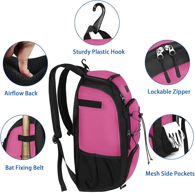 MATEIN Baseball Backpack, Softball Bat Bag with Shoes Compartment for Youth, Boys and Adult, Lightweight Baseball Bag with Fence Hook Hold TBall Bat, Batting Mitten, Helmet, Caps, Teeball Gear