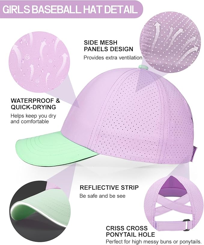 Little Girls Reflective Baseball Cap Criss Cross Ponytail Hat Kids Quick Dry Mesh Summer Sports Hat for Toddler Ages 3-8