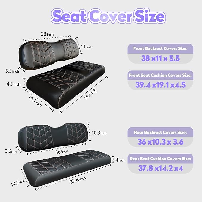 4PCS Golf Cart Seat Covers Kit, Front and Rear Seat Covers,Vinyl Seat Covers Accessories, No Staples（Black&Brown Stitch） (Fits Club Car DS 2000.5-Up)