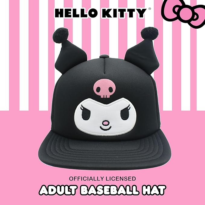 Hello Kitty Baseball Cap, Women's Snapback Hat with Flat Brim and 3D Ribbon and Ears