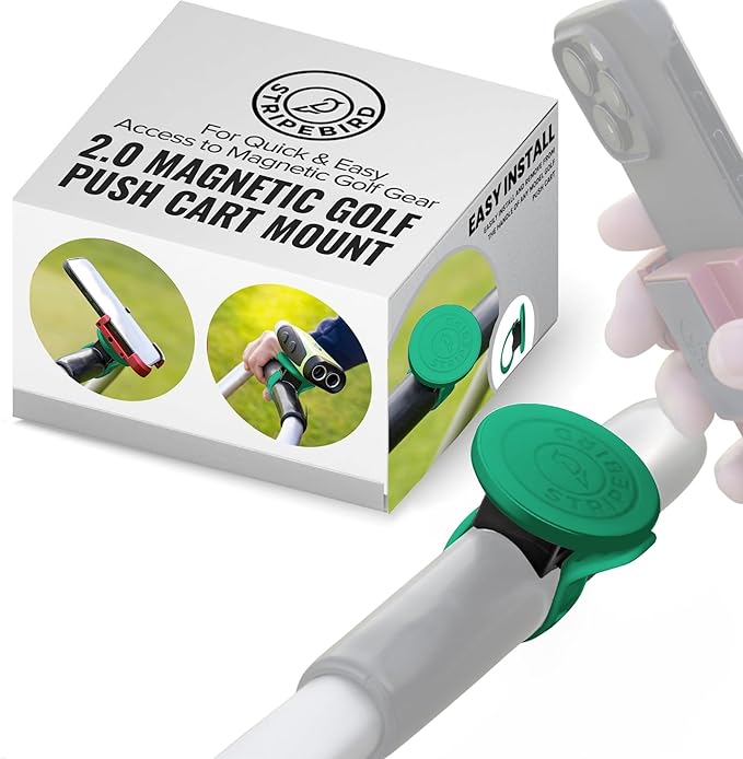 Stripebird - 2.0 Golf Push Cart Mount for Magnetic Accessories (Green)- Push Cart Strap for Quick and Easy Access of Golf Gear - Cell Phone Holder for Golf Cart - Phone Holder for Golf Cart