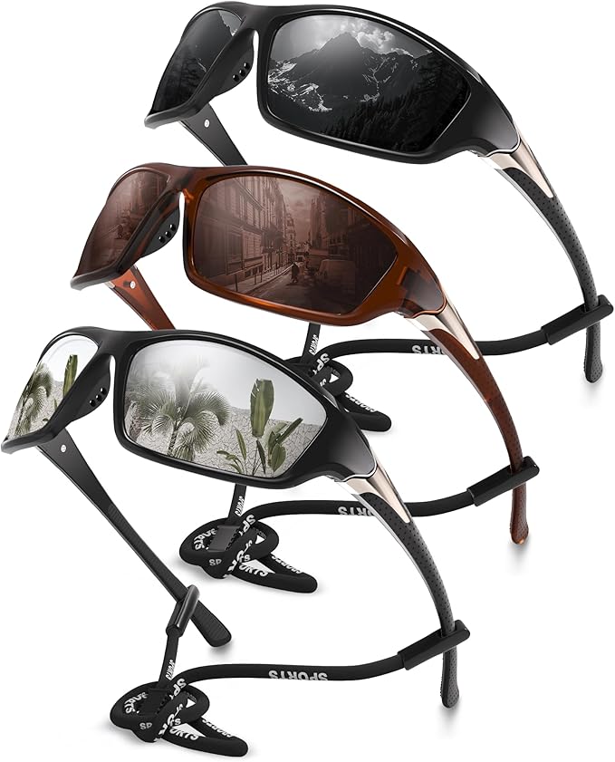 3 Pack Polarized Sports Sunglasses for Men, Mens Sunglasses Wrap Around UV Protection for Cycling Fishing Driving