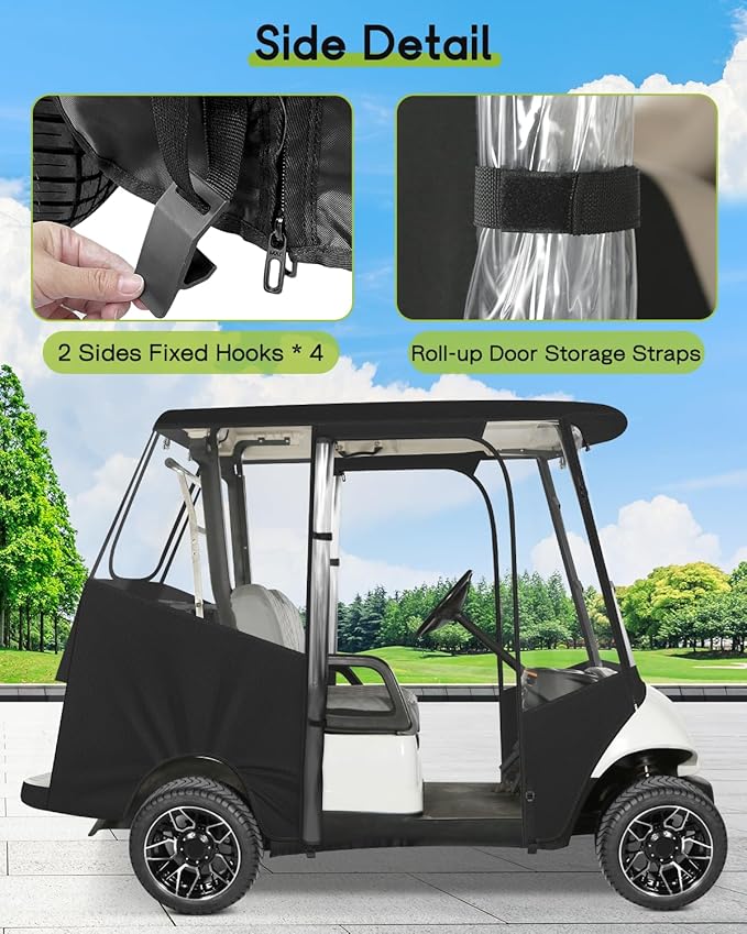 Golf Cart Enclosure 2 Passenger for Yamaha G29 Drive 2 600D Waterproof Windproof Driving Rain Cover Fit 2-Seater Short Roof with 4-Sided Clear Windows Mirror Openings Roll-up Zipper Door Black