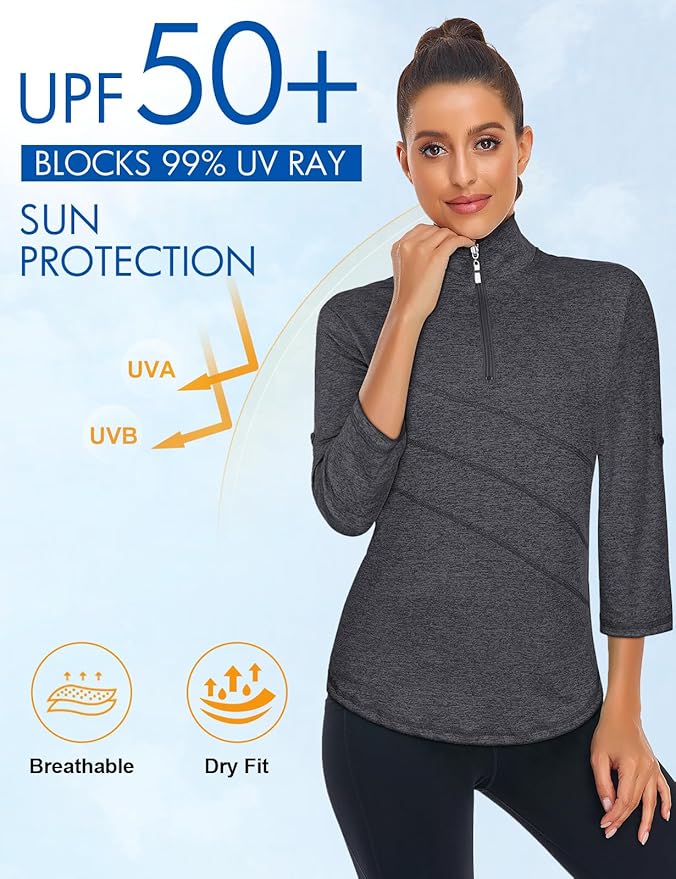 Koscacy Women's 3/4 Roll Sleeve Golf Tennis Polo Shirts UPF50+ Half Zip Dry Fit Workout Tops Athletic Shirt