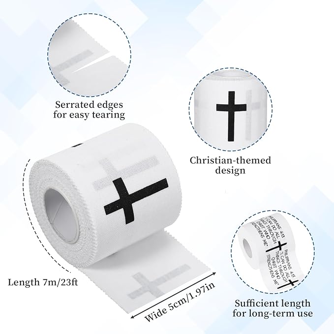 2 Pack Christian Cross Tape for Athletes Religious Bible Verse, White Wrist Tape Baseball Soccer Tennis Wristband 2in x 23ft Cotton Easy to Tear for Ankle Fingers Injury Wrap Sports Gymnastics