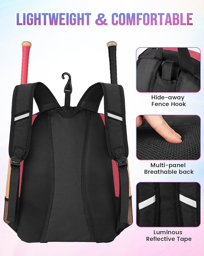 MATEIN Softball Bag, Lightweight Baseball Backpack with Shoe Compartment, Baseball Bag with Fence Hook for TBall Bat & Equipment, Softball Gifts Catchers Backpack for Women Fit Catcher’s Mitt, Helmet