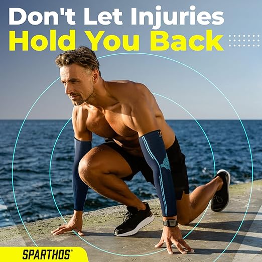 Sparthos Arm Compression Sleeves - Forearm Brace for Recovery, Support for Athletic Sports Running Tennis Baseball Lifting Football Gym Fit Shooting Weightlifting Golf - for Men and Women (Blue-M)
