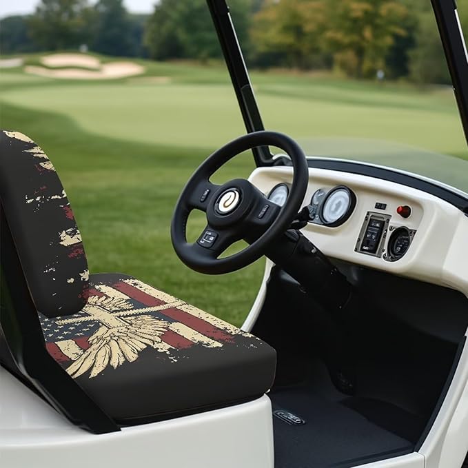 Yewatlles American Flag Cross Pattern Golf Cart Seat Covers, Personalized Golf Cart Seat Cover Keeps Seat Cool and Clean, Fits in 2-Seat Golf Carts