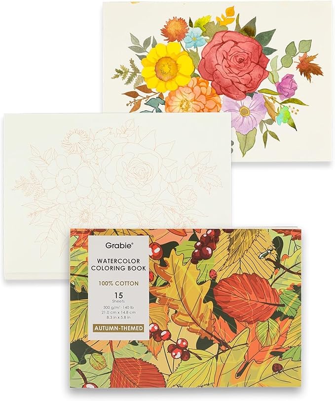 Grabie Watercolor Coloring Book, 15 Sheets A5, Watercolor Book by Grabie