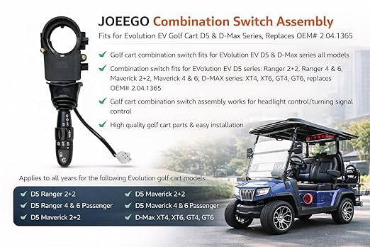JOEEGO Combination Switch Assembly Compatible with Evolution EV Golf Cart D5 & D-Max Series, Replaces OEM# 2.04.1365