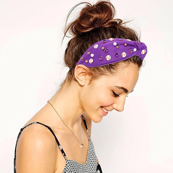 Baseball Headbands for Women Crystal Baseball Embellished Wide Top Knot Headband for Women Game Day Hair Accessories (Purple)