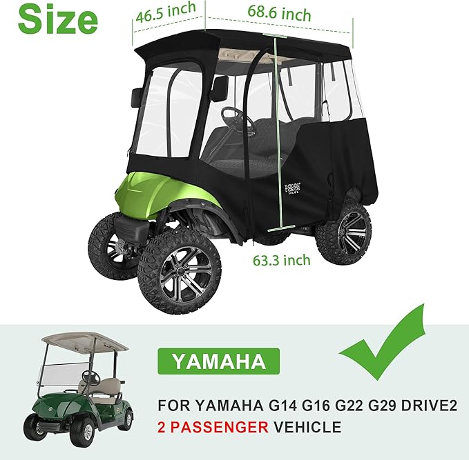 10L0L 2/4 Passenger Golf Cart Enclosure for Yamaha G14 G16 G22 G29 Drive 2,Waterproof 600D Rain Cover,with Side Mirror Opening,Transparent Tail Light Panel,Foldable Door,4-Sided Clear Windows