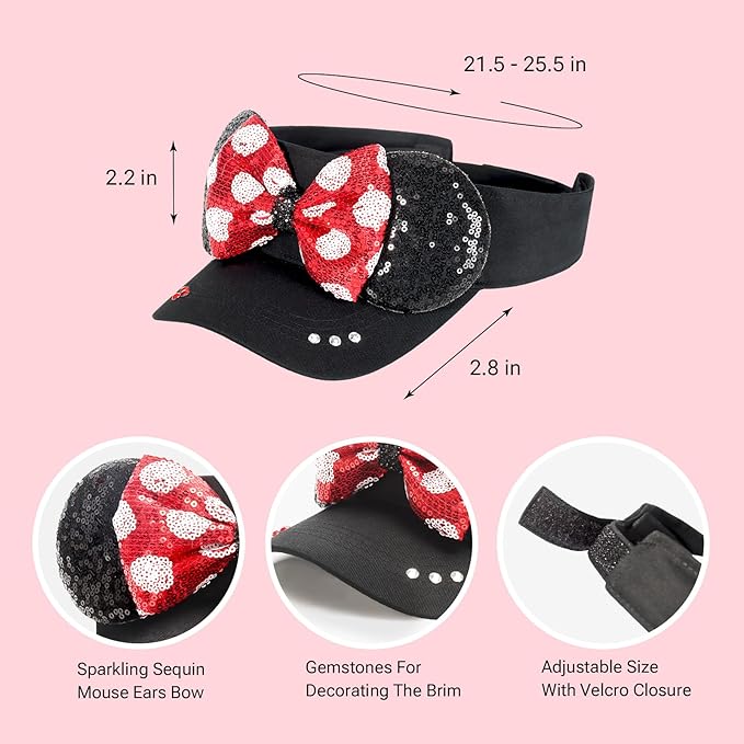 Adult Size Mouse Ears Visors for Women, Adjustable Sun Visor Hat Baseball Cap with Sequin Mouse Ears Bow for Theme Park Decor