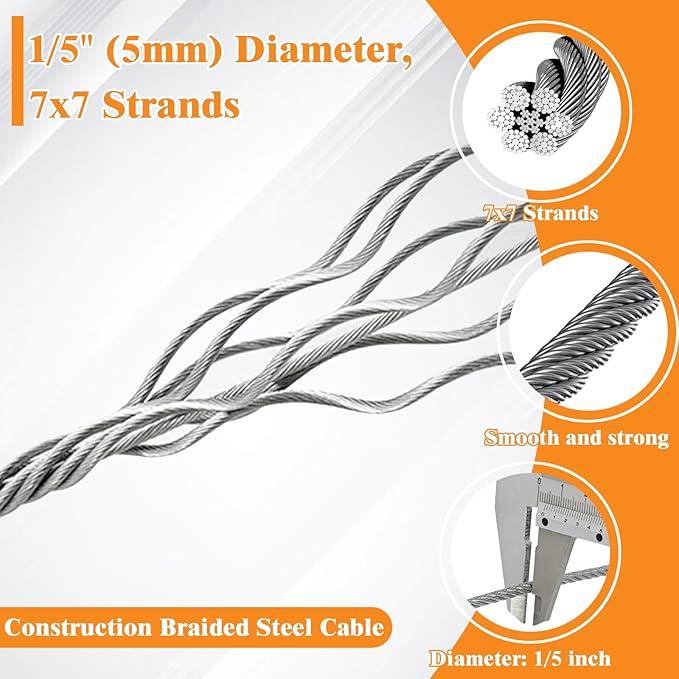 230FT Batting Cage Cable Kit for 55FT, 5mm Stainless Steel Batting Cage Netting Wire Tension Hanging Kit for DIY Baseball and Softball Hitting Tunnels