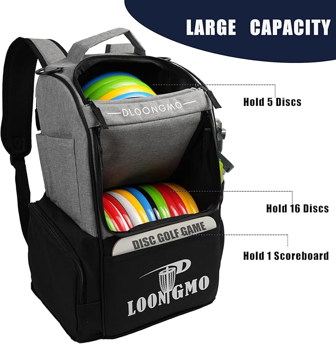 Disc Golf Bag, Durable Disc Golf Backpack Holds 22+ Discs, Large Capacity with Multiple Storage Pockets
