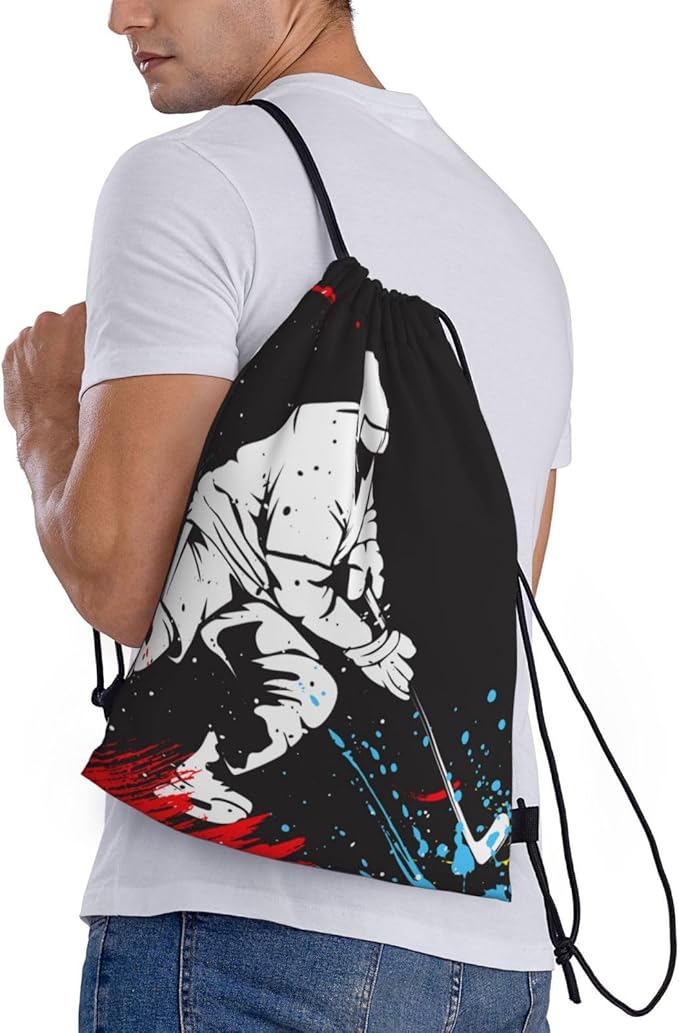 Sports-Themed Drawstring Bags with Printing a Playing Hockey Man Pattern, Kids Adults Drawstring Backpack Casual Knapsack Unisex, Black Shoulders Rucksack Bags for Gym Travel Swimming Yoga, Medium