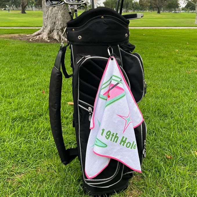 Giggle Golf Martini Par 3 Pack for Women, Microfiber Waffle Weave Golf Towel, Tee Bag with Tees and Bling Ball Marker with Magnetic Hat Clip (19th Hole)
