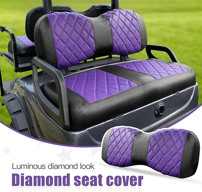 NOKINS Golf Cart Diamond Seat Covers Kit, Fit for Yamaha Drive/Drive 2 OEM Standard Front Seat Cushion, Golf Cart Vinyl Seat Cover, No Nails Required (Purple and Black)