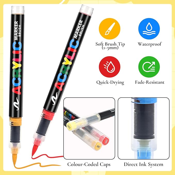 12 Colors Acrylic Paint Markers, Soft Brush Tip Pens - Image 2