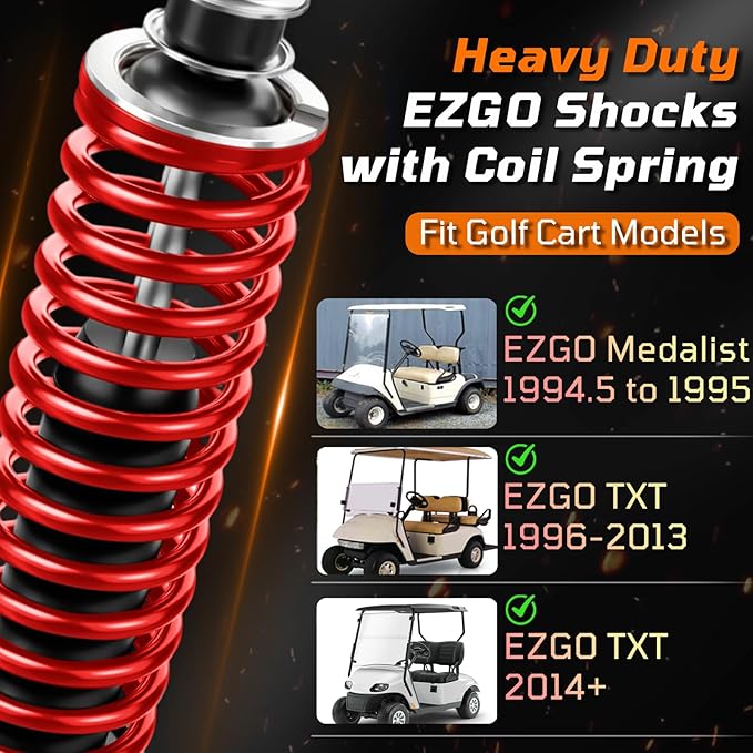 Golf Cart Shocks with Heavy Duty Coil Springs for 1994+ EZGO TXT/Medalist G&E Model, Replace E-Z-GO Front or Rear Absorbers OEM# 70928-G01 76418-G01 Included Extender for Lifted Cart - Red