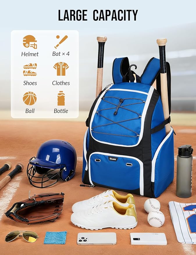 Baseball Backpack for Adult Large Capacity Softball Bat Bag with Shoe Compartment & Wet Pocket Baseball Bag with Fence Hook for 4 Bats & Equipment