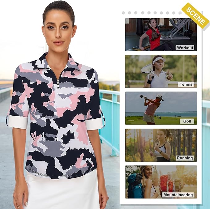 Koscacy Women's 3/4 Roll Sleeve Golf Tennis Polo Shirts UPF50+ Half Zip Dry Fit Workout Tops Athletic Shirt