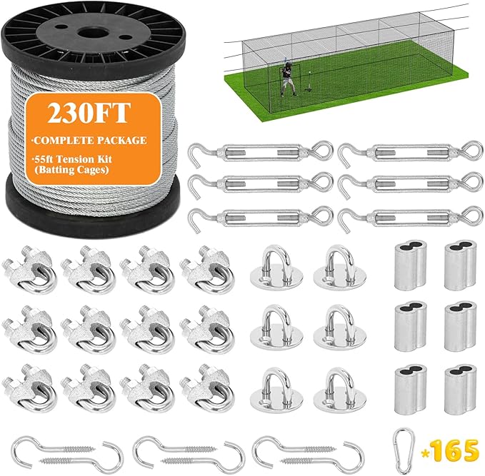 230FT Batting Cage Cable Kit for 55FT, 5mm Stainless Steel Batting Cage Netting Wire Tension Hanging Kit for DIY Baseball and Softball Hitting Tunnels
