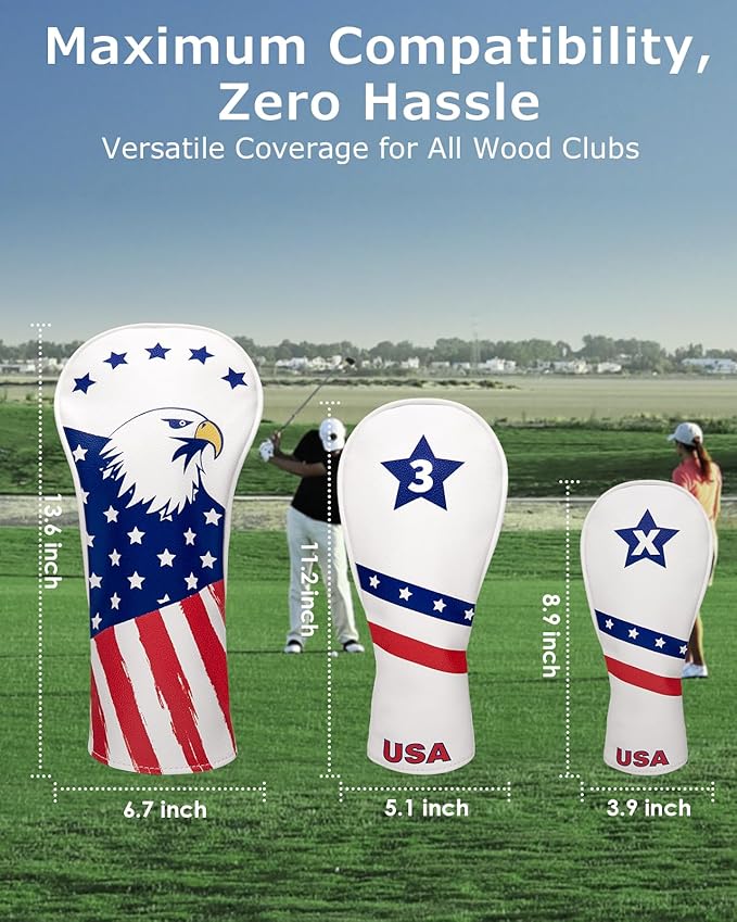 Fitense Golf Head Covers, 3 Pack Golf Club Head Covers USA Stars and Stripes, Velour Lined for Extra Club Protection, Designed to Fit All Woods and Drivers Velour Lined