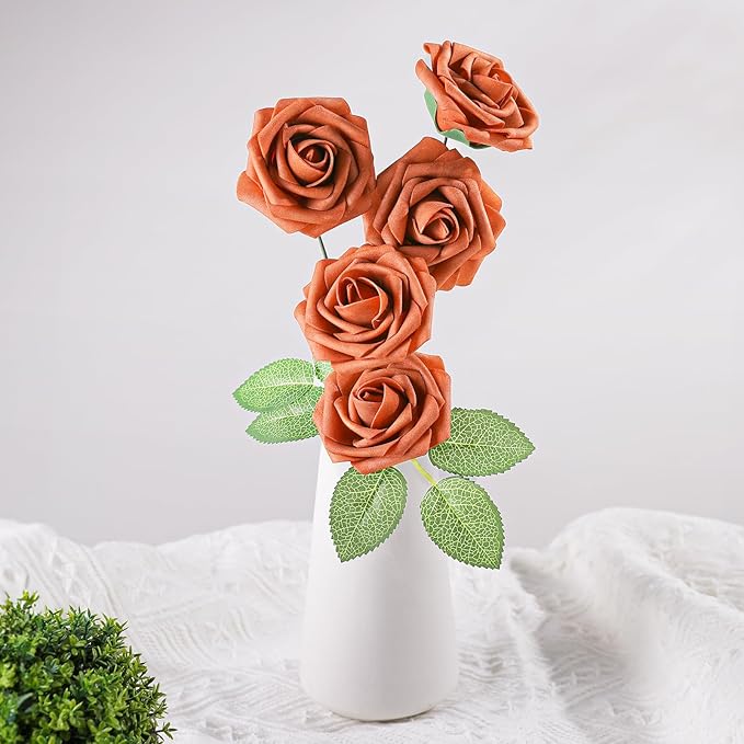 AmyHomie Artificial Flowers Burnt Orange Rose 25pcs Real Looking Fake Roses - Image 6