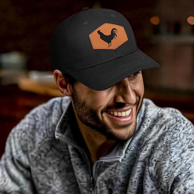 Rooster Baseball Cap for Chicken Lovers,Leather Trucker Hat Snapback Hat for Men Women Brown
