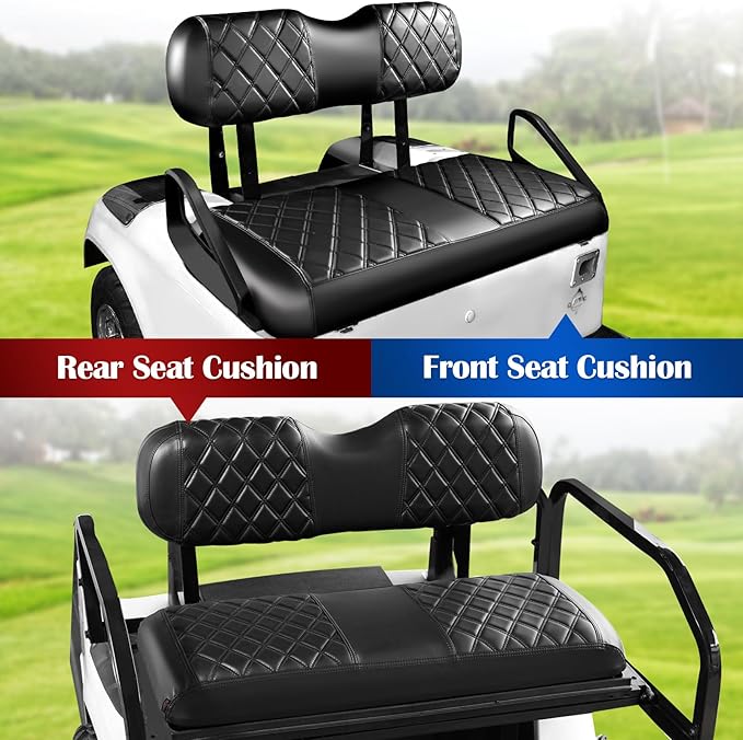 NOKINS 4PCS Golf Cart Diamond Seat Covers Kit,Front and Rear Seat Covers for Club Car Precedent/EZGO TXT/Yamaha Original Regular Seat Cushion (Black&Black Stitching, Fit EZGO TXT 1994-2013)