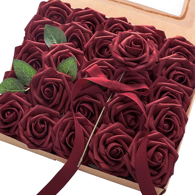 Floroom Artificial Flowers 25pcs Real Looking Burgundy Foam Fake Roses by Floroom