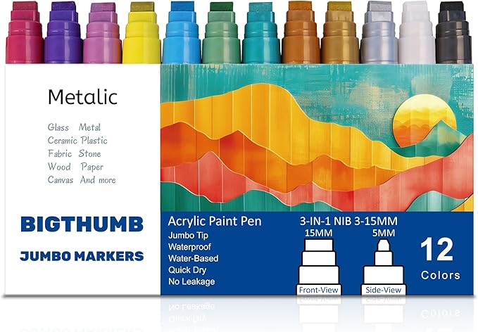 Jumbo Graffiti Poster Markers Set: 12 Metallic Colors Large 15mm Wide Tip by BIGTHUMB
