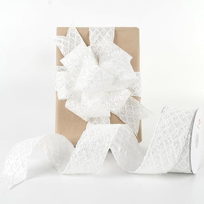 HUIHUANG White Glitter Wired Ribbon by HUIHUANG