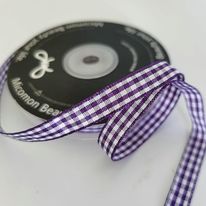 Micomon Dark Purple and White Woven Edge Plaid Ribbon 100% Polyester Gingham - Image 5