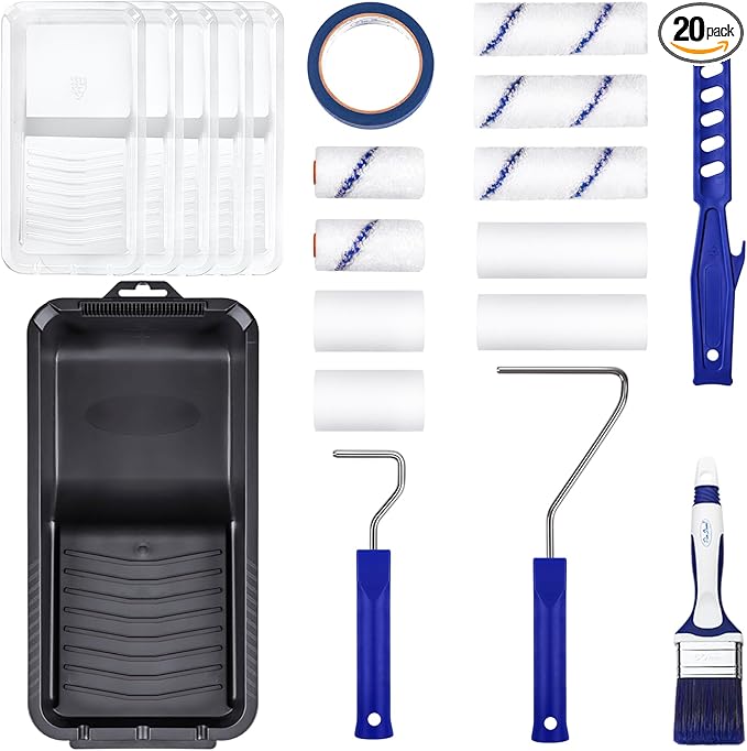 20pcs Small Paint Roller Kit, 4“ 2” Mini Roller Paint Brush by Pinstone