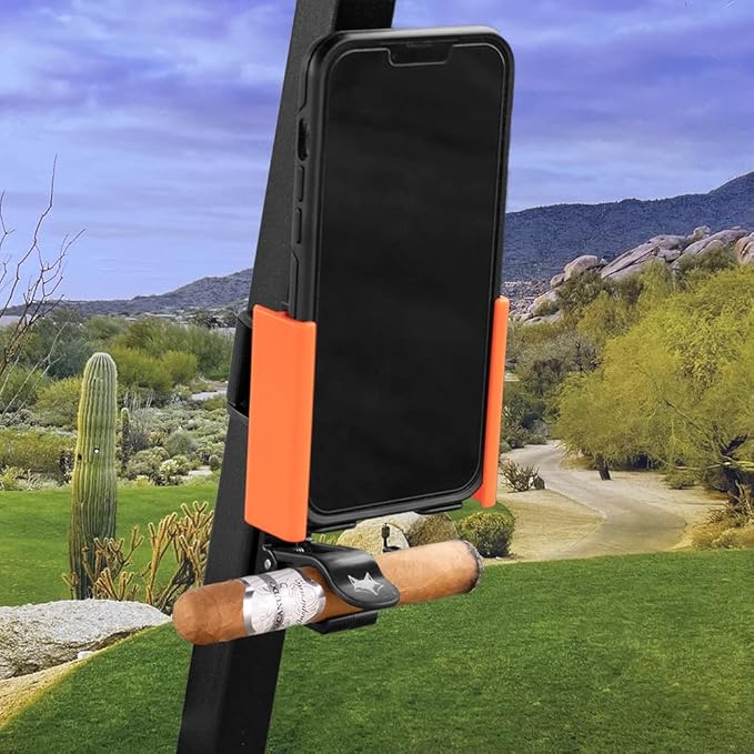 Desert Fox Golf Phone Caddy + Cigar Holder – Adjustable Golf Cart Phone Mount with Secure Cigar Clip – Hands-Free GPS & Golf App Access – Fits All Phones & Cigars (Orange)