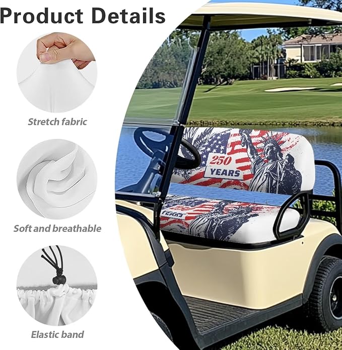 Yewatlles Golf Cart Seat Covers Seat Kit, Printed Breathable Golf Cart Seat Cushions Golf Blanket Golf Club Car Accessories 250 Years American Flag Pattern