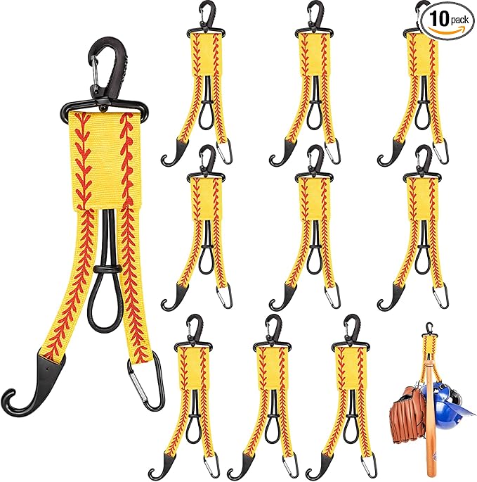 Deekin 10 Pcs Baseball Softball Gear Hanger 3 in 1 Dugout Organizer Bat Holder with Glove Clip and Helmet Hook for Fence Bag Water Bottle Hiking Camping (Softball)