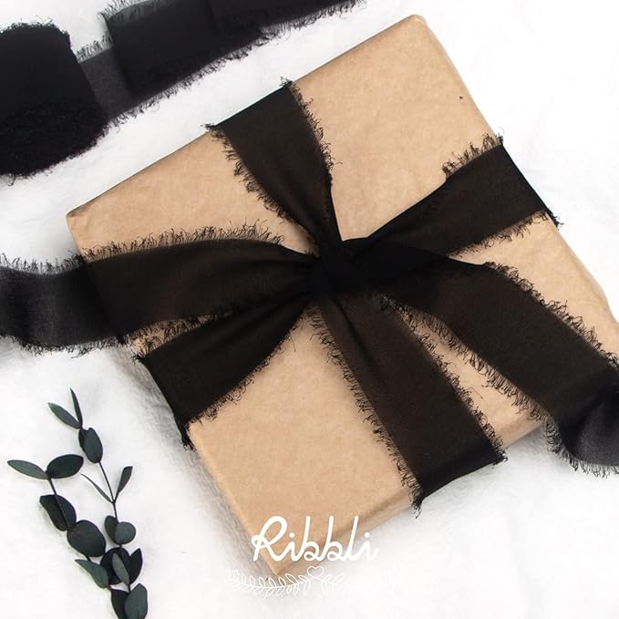 Ribbli Black Chiffon Ribbon 1-1/2 inch x 20 Yard Handmade Fringe Chiffon Silk - Image 2