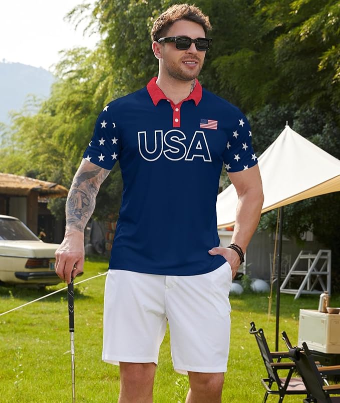 Golf Polo Shirts for Men Funny Print Short Sleeve Golf Shirts Performance Golf Polos