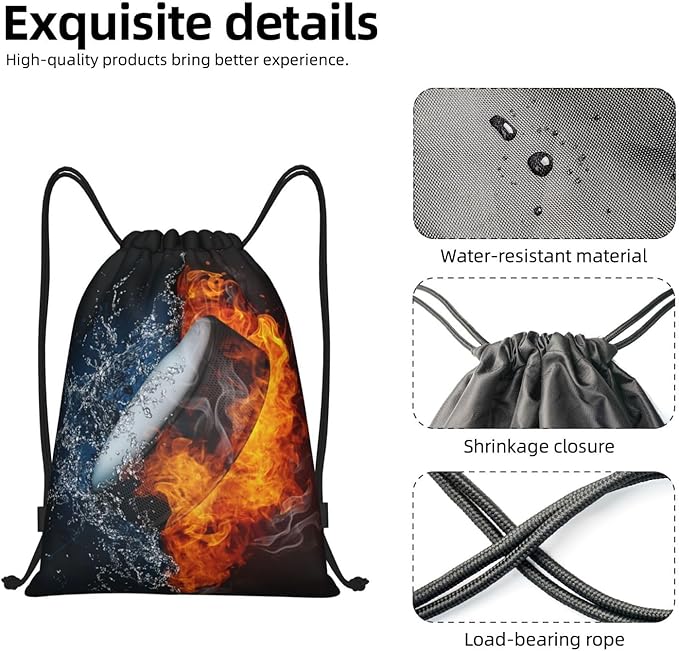 Boys Hockey Drawstring Bags, Sports-Themed Drawstring Backpack Casual Knapsack with Water and Fire Printed for Kids Teens Adults Women Men for Gym Travel Swimming Hiking Camping, Medium
